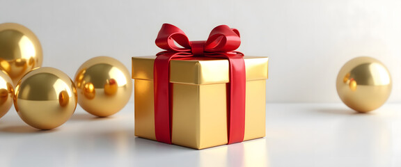 Gold present box with red bow and golden spheres, celebration