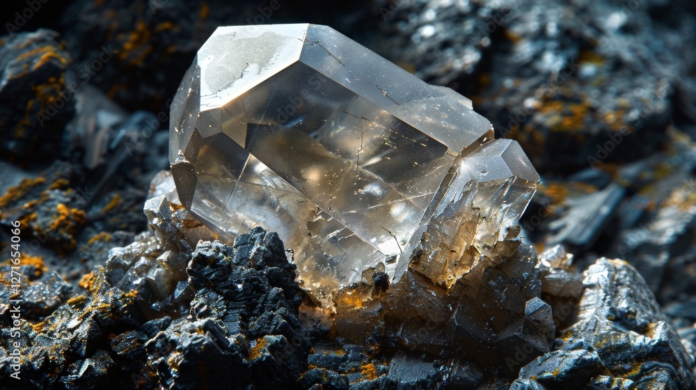 Poster a striking crystal specimen displays its angular facets and clarity, resting on a textured mineral s