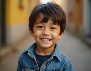 A young boy 5-10 years old, resident of USA, wearing a casual wear. His bright smile and sparkling eyes reflect a sense of joy and innocence, capturing a genuine moment of childhood. Generative AI