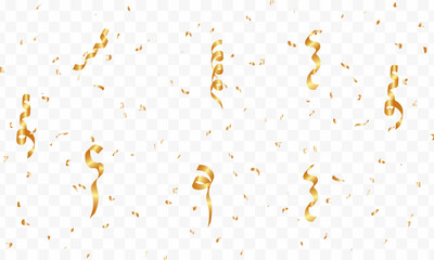 Confetti celebration party background. For the celebration, gorgeous purple ribbon and gold confetti zigzags down. Falling shiny golden confetti isolated on transparent background.Vector illustration 
