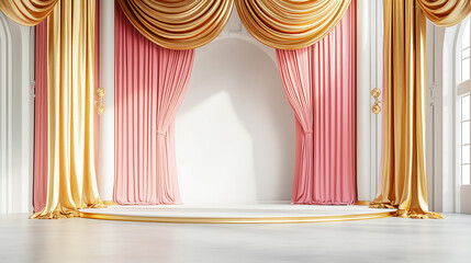 Elegant Luxury Stage with Gold and Pink Drapes &ndash; Perfect for Theater, Events, and Royal Interiors, event decoration, luxury interior designs, royal aesthetics, weddings, and classical performance set