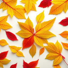 Top view of yellow green and red sweetgum leaves on white background, colorful, flora