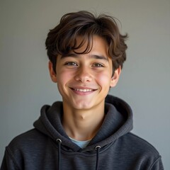 A young boy with short brown hair smiles broadly while wearing a gray hoodie. He is indoors, exuding warmth and happiness in a relaxed atmosphere. School student or USA college student. Generative AI