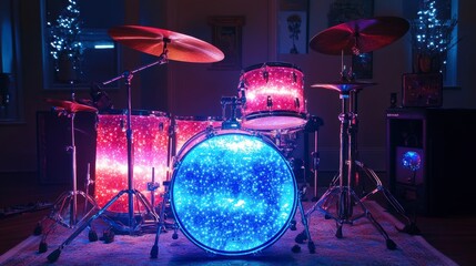 Illuminated drum set in a dimly lit room.  Possible use Stock photo for music, home studio, or design inspiration