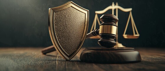 A golden shield protecting a gavel and scales with legal documents behind representing legal security and insurance professional law concept ultra-detailed 8K