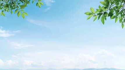 Fototapeta premium Bright Blue Sky with Green Leaves and Distant Mountains