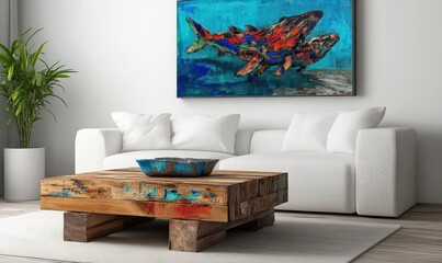 Modern Living Room Decor Featuring Abstract Shark Artwork
