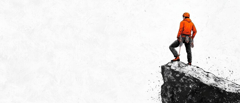 A free rock climber sketch with pencil lines on white with a touch of orange accent reflecting goal setting minimalist and motivating