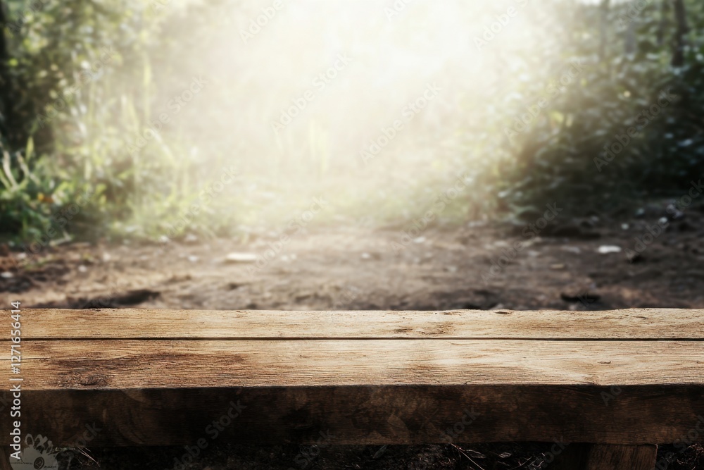 Poster rustic wooden surface in front of a sunlit path through a verdant natural setting