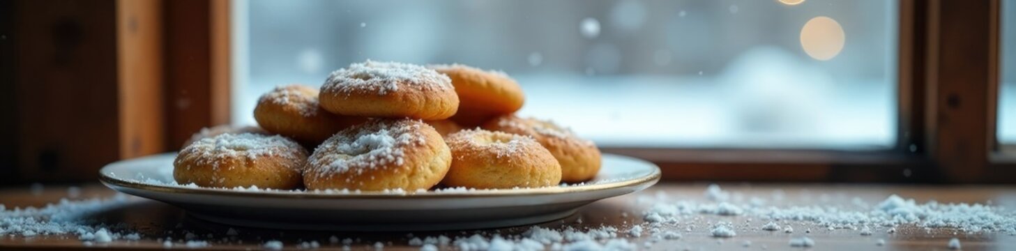 A plate of steaming hot Levkoy cookies in front of a frosty window with snowflakes falling outside, frosty, snowflake