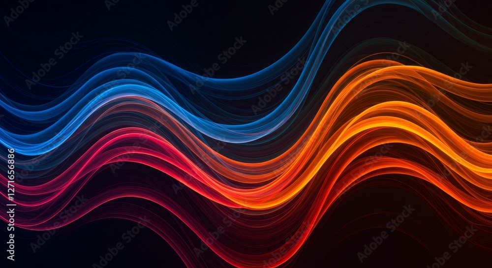 Poster abstract wavy lines background - vibrant blue and orange wavy lines flow seamlessly against a dark b
