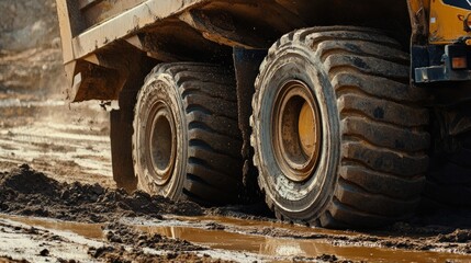 Massive Heavy-Duty Construction Vehicle Tires in a Mud Puddle: A Powerful Industrial Image