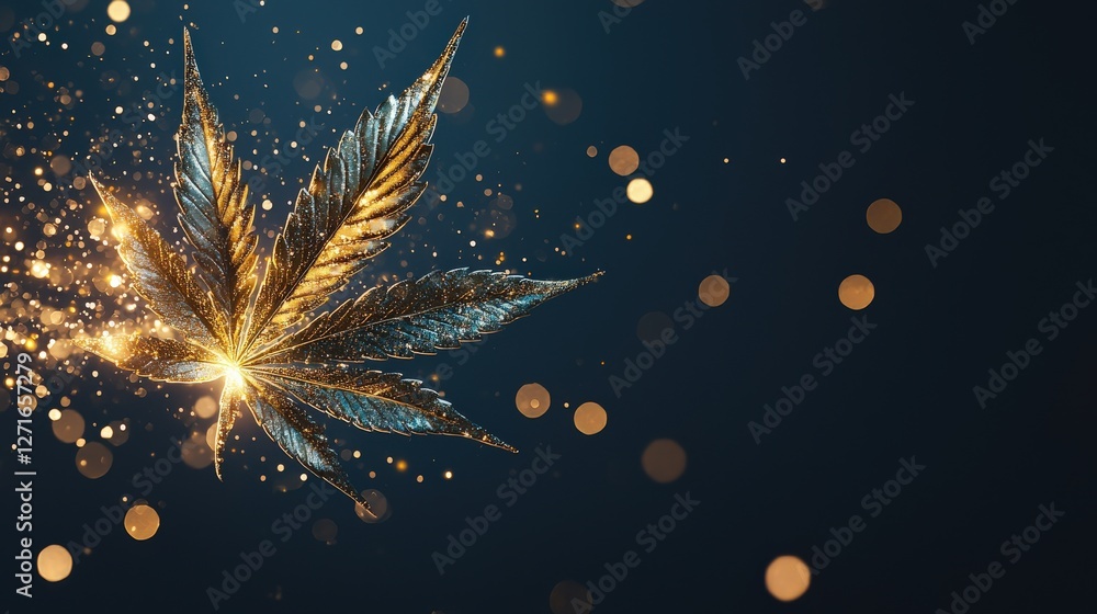 Poster a golden leaf sparkles against a dark background, creating an elegant and magical atmosphere. perfec
