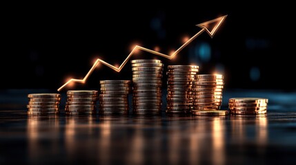 Rising Gold Coins, Growth Chart, Dark Background