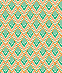 Chevron geometric 70s seamless pattern, Irish modern tricolour concept abstract hipster retro style decor, zigzag unique stripe line, orange green white colour palette background. Vector illustration