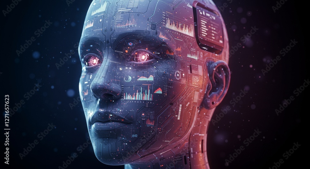 Poster ai female robot head with data displays - close-up of a futuristic female robot head, its surface di