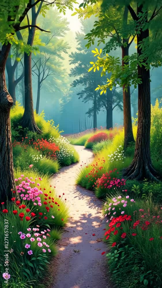 Poster A path through a forest with flowers on the side. The flowers are pink and red. The path is lined with trees