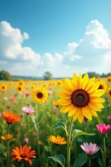 Fototapeta premium Field of colorful wildflowers swaying in wind, wildflowers, sunflower