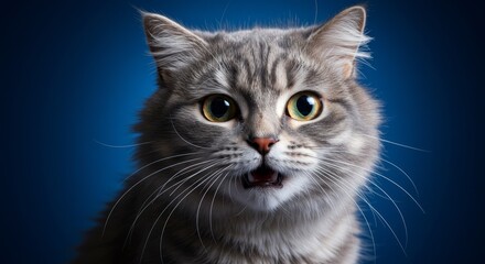 Obraz premium Amazed Gray Cat Portrait AI Generated - A surprised gray cat with wide eyes and open mouth. Symbolizing astonishment, curiosity, playfulness, alertness, and wonder