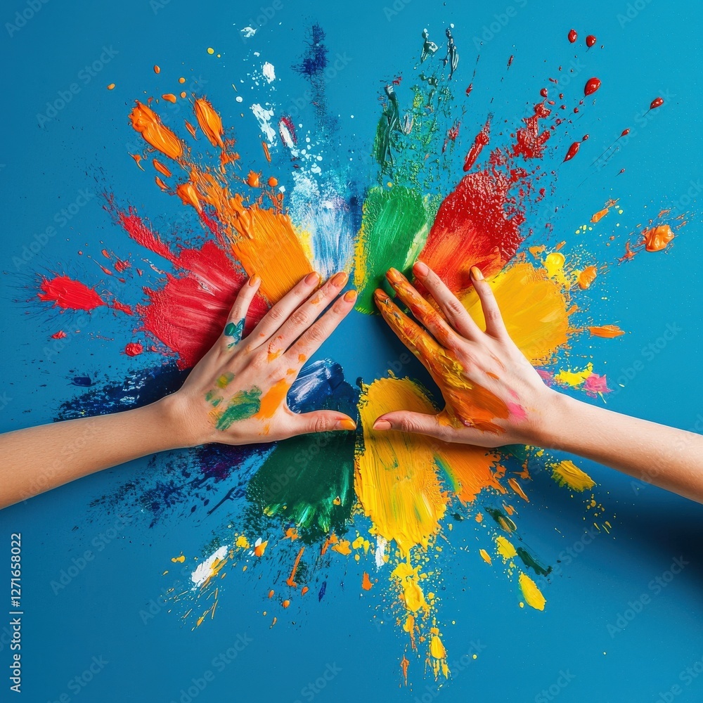 Poster this vibrant image captures a dynamic splash of colors made by hands on a blue background, symbolizi