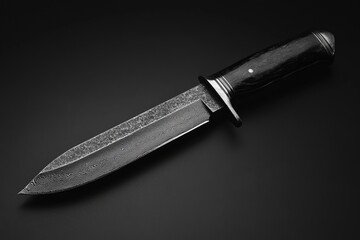 Damascus steel hunting knife with black handle resting on a dark gray surface, creating a dramatic and mysterious atmosphere