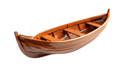 A wooden boat is floating on a white background