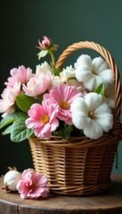 Obraz premium Freshly picked cotton flowers in a wicker basket, country, cotton flowers, botanical