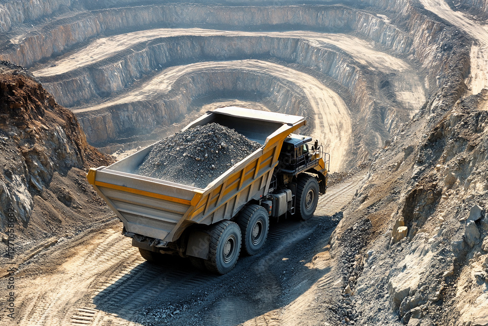 Poster A large haul truck loaded with minerals navigates the terraced paths of a deep pit mine, showcasing the scale of mining operations. Large dump truck transporting minerals in a quarry