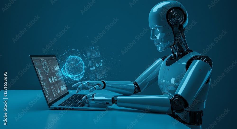 Poster ai robot working on laptop - a futuristic robot uses a laptop, showcasing advanced technology and ar