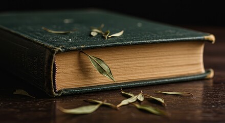 Antique Book with Dried Leaves - A vintage green book rests on a dark wooden surface, adorned with dried leaves. Evokes a sense of history and quiet contemplation