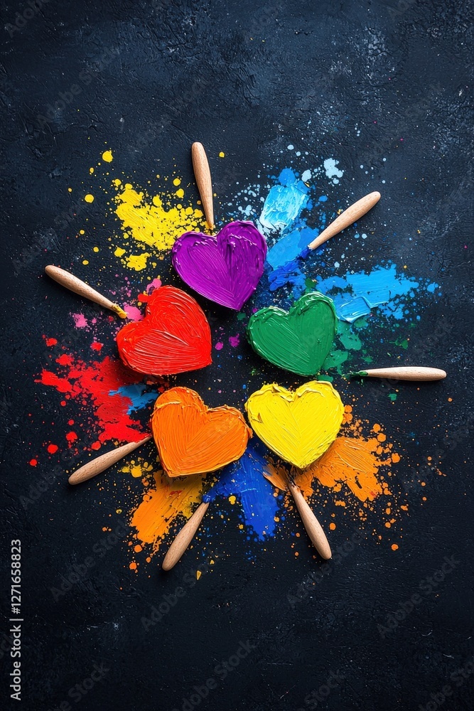 Poster this artistic image features colorful heart shapes created with paint on a dark background. it conve