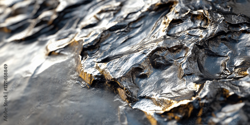 Poster Close-up view of a Lithium texture concept featuring raw metallic lithium ore with rugged, reflective surfaces.