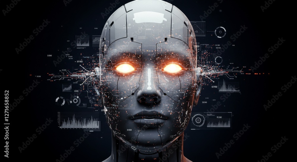 Poster artificial intelligence female robot head - close-up of a female robot head with glowing orange eyes