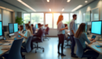 Modern Business Office with Blurred Employees and Warm Bokeh Lighting in Background