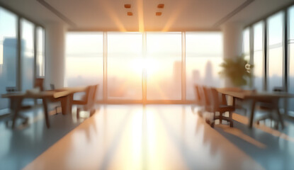 Bright and Modern Office Interior with Blurred Background, Panoramic Windows, and Natural Light