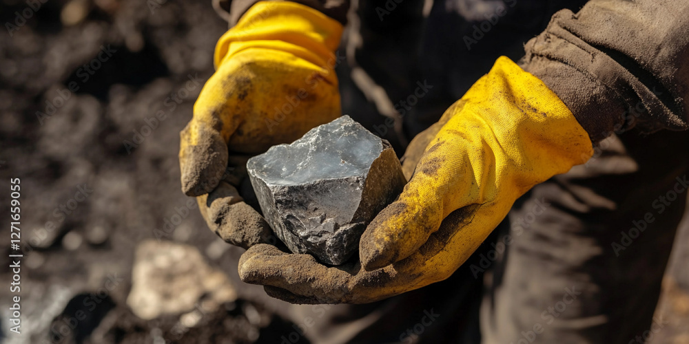 Aufkleber close-up view of a worker in a lithium mine, holding a lithium stone in yellow-gloved hands. mineral