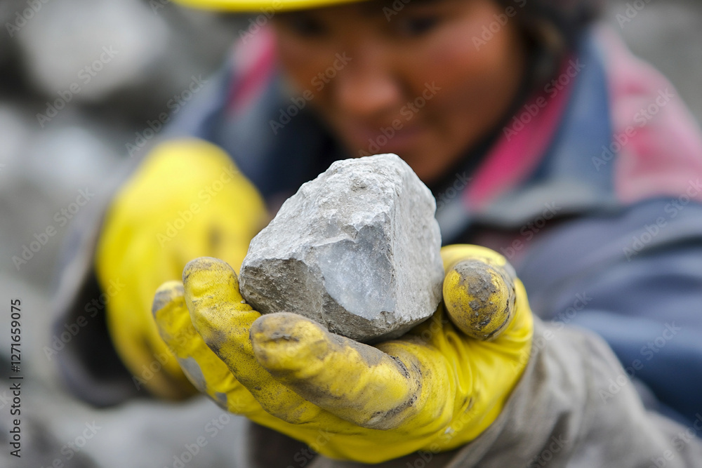 Poster close-up view of a worker in a lithium mine, holding a lithium stone in yellow-gloved hands