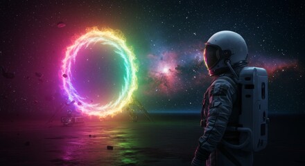 Fototapeta premium Astronaut Contemplating Cosmic Portal - An astronaut stands before a vibrant, rainbow-colored portal in space, a nebula visible in the background