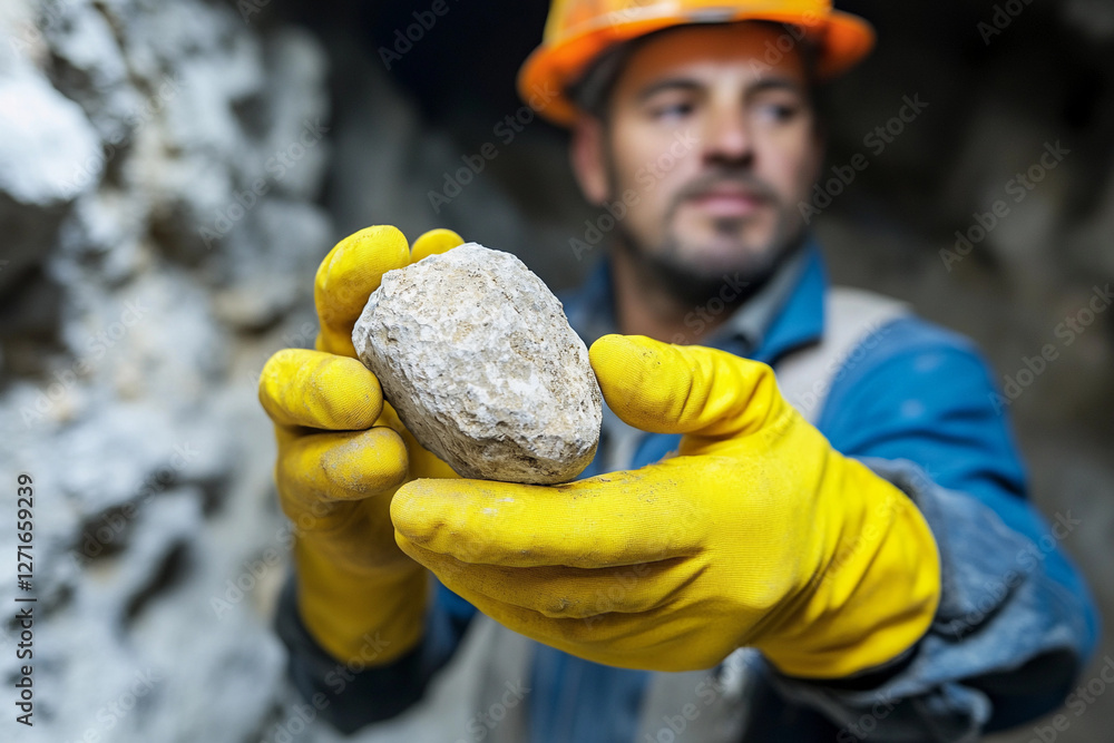 Poster close-up view of a worker in a lithium mine, holding a lithium stone in yellow-gloved hands miner ex