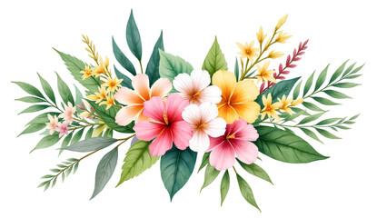 Watercolor Tropical Spring Floral Bouquet with Green Leaves and Flowers on White Background