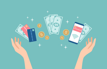 Hands raised up with credit cards, banknotes, coins and smartphone with contactless payment between them. Payment methods set. Flat vector illustration
