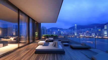 Fototapeta premium Luxury apartment terrace with cozy ambiance A charming wooden deck with stylish lounge furniture and cityscape backdrop.