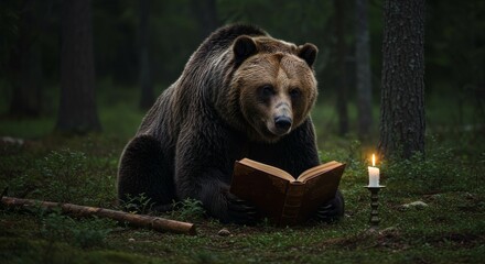 Fototapeta premium Bear Reading in the Forest - A brown bear sits in a dark forest, illuminated by a candle, engrossed in reading a book