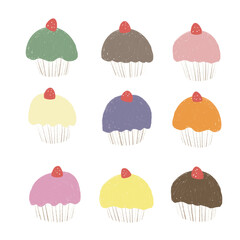 multicolour colourful simple cute easy funny kid hand drawing Japanese party time yummy cupcake food transparent vector icon pattern