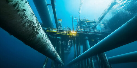 Underwater view of an oil drilling platform with pipelines