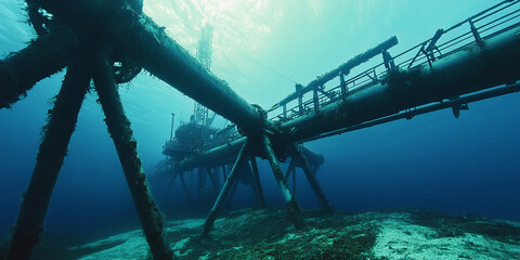 Naklejka premium Underwater oil rig with marine life in calm ocean waters