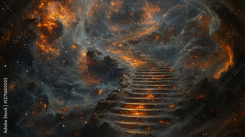Poster mesmerizing staircase made of nebula clouds spirals upward into vast cosmos. each pulsating step rad
