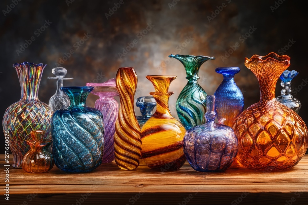 Poster collection of iridescent glass vases and bottles in various shapes and colors, creating a vibrant an