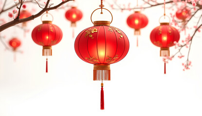 Ultra High-Resolution Image of Glowing Red Chinese Lantern with Golden Loop and Tassels on White Background