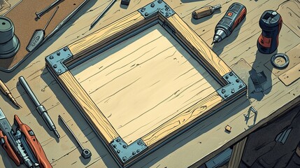 Wood frame construction, workshop table, tools scattered, DIY project, background blur.  Website, blog, tutorial